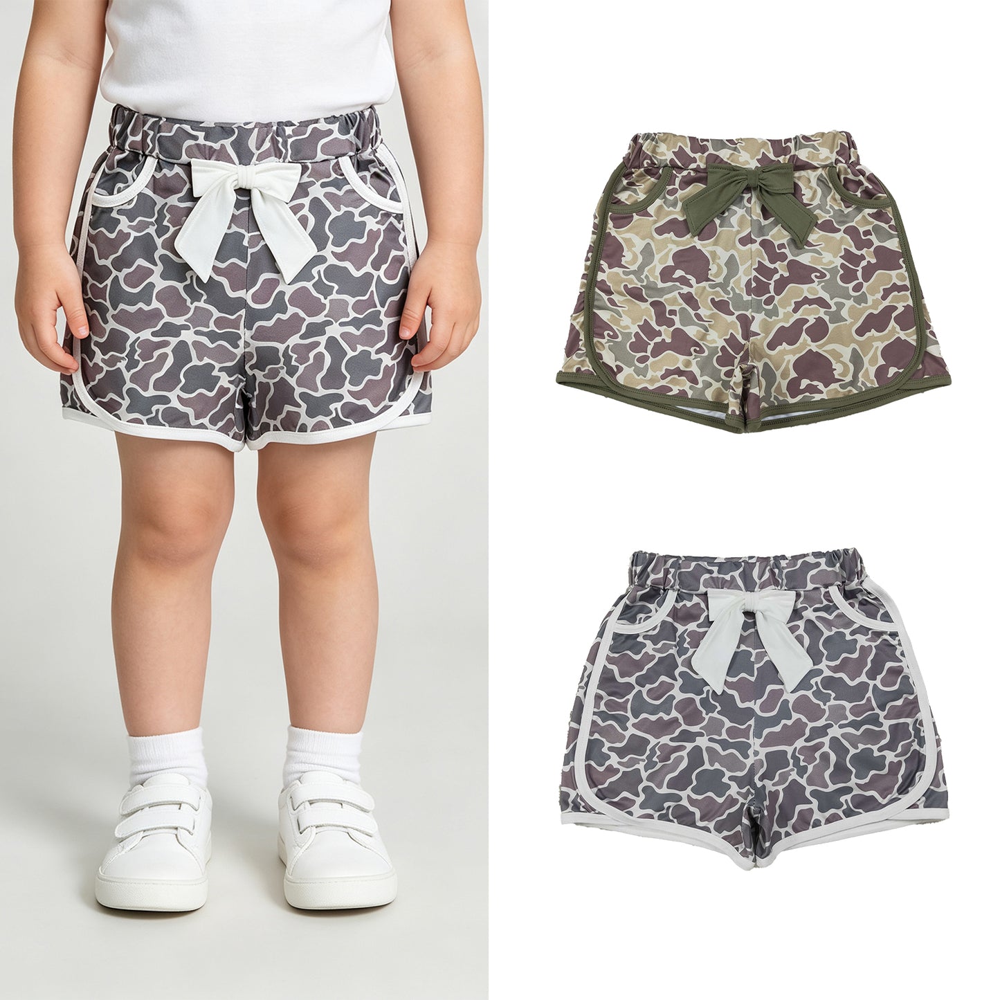 RTS NO MOQ Sibling Baby Girls Camo Bow Pocket Shorts Bottoms Daily Wear Bottoms