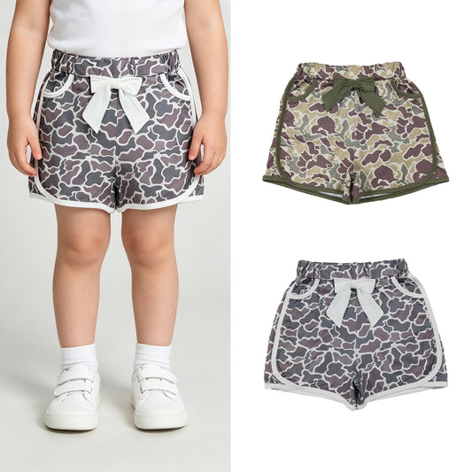 RTS NO MOQ Sibling Baby Girls Camo Bow Pocket Shorts Bottoms Daily Wear Bottoms
