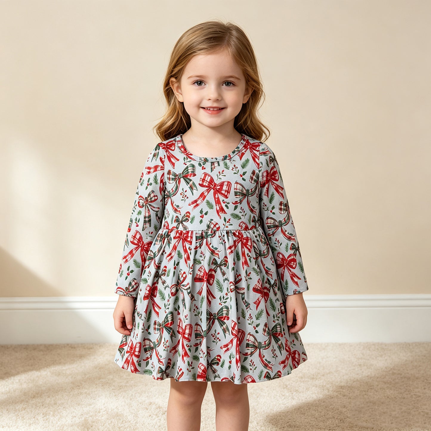 RTS NO MOQ （In stock）milk silk GLD1709 Baby Girls Green Red Checked Bows Flowers Christmas Knee Length Dress