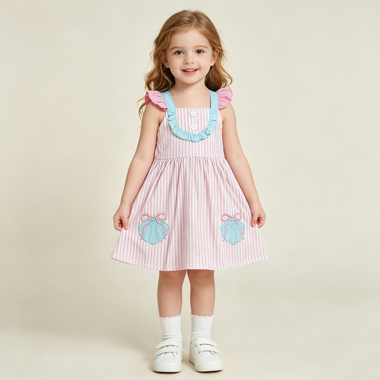 GSD3958 RTS NO MOQ （In stock）Embroidery Baby Girls Pink Stripe Button Bows Pockets Knee Length Dresses