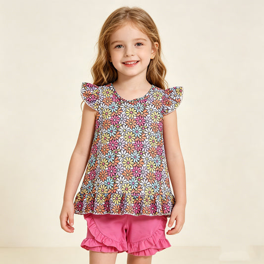 GSSO3353 RTS NO MOQ （In stock ）Floral flutter sleeves top ruffle shorts girls outfits