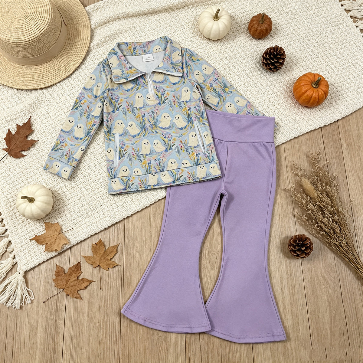 RTS NO MOQ （In stock）milk silk GLP3506 Baby Girls Ghosts Zip Pockets Pullovers Flare Pant Halloween Clothes Set