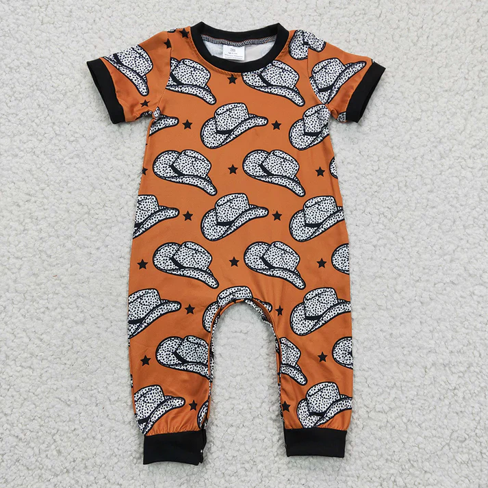 Baby Boys Western Cowboy Hat - Bull Head Pattern Short Sleeve Long Romper