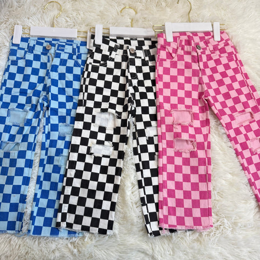 11.29 RTS Sibling Girls Boys Checkered Denim Adjustble Waistband Jeans Pants