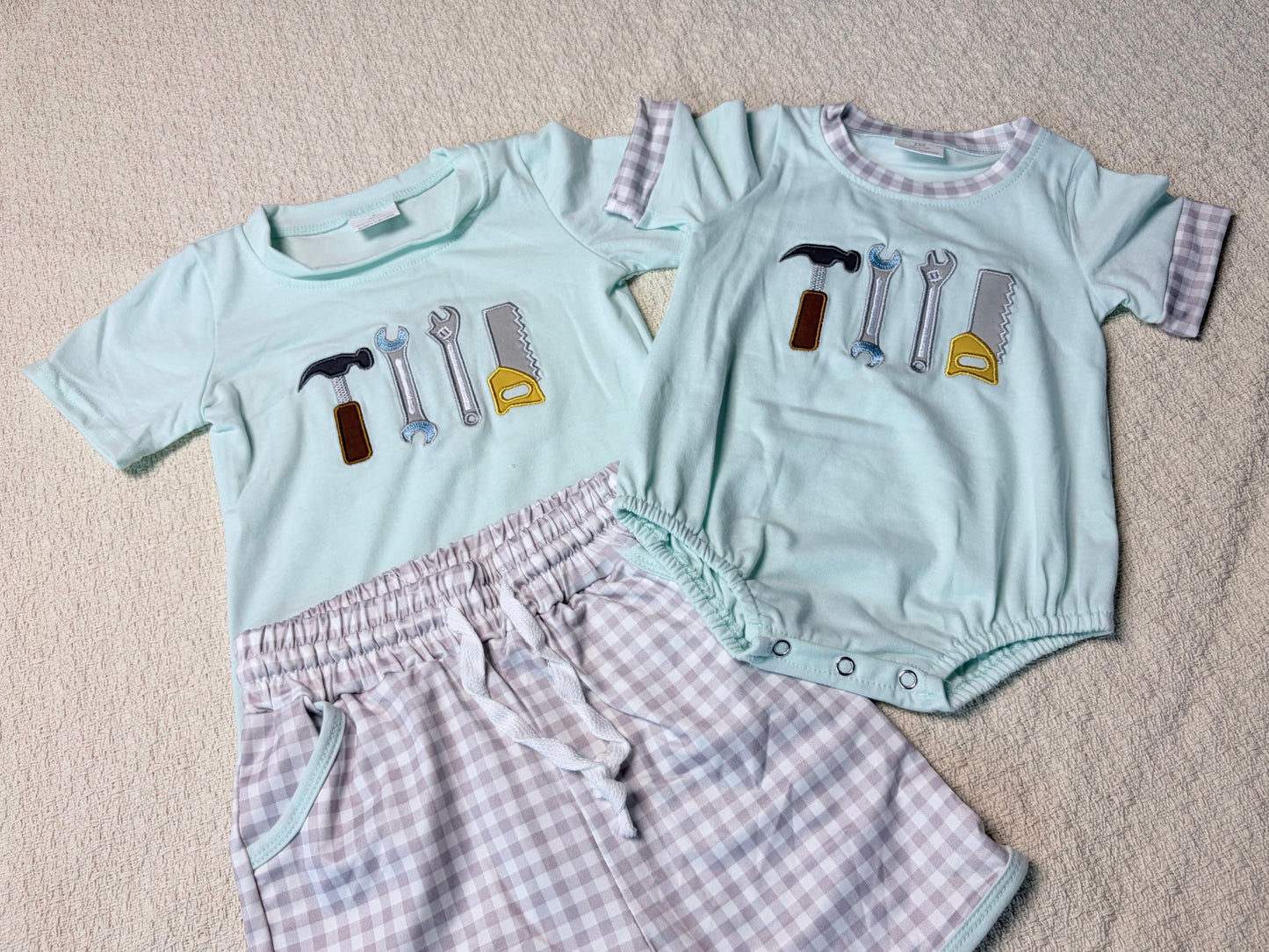 0430 RTS Sibling Short sleeves tools embroidery kids boys summer outfits and romper