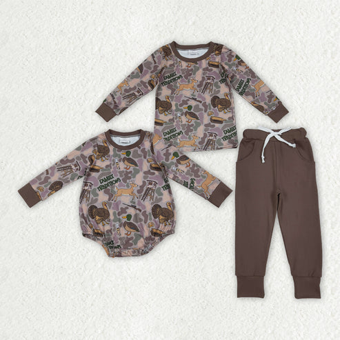 10.1 RTS Sibling Baby Boys Brown Turkey Ducks Camo Top Pockets Pant Hunting Clothes Sets Rompers