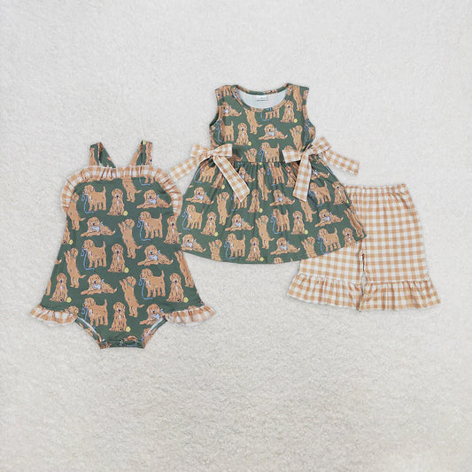 10.18 RTS Sibling Baby Girls Green Sleeveless Dogs Bows Tunic Khaki Plaid Ruffle Shorts Sets Rompers