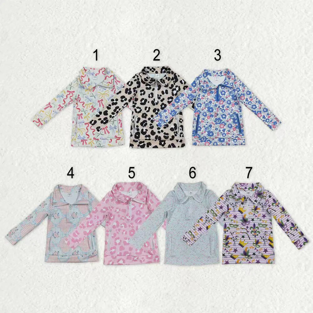 12.3 RST Sibling Baby Girls Flowers Bows Leopard Pockets Half Zipper Yoga Active Pullovers Top