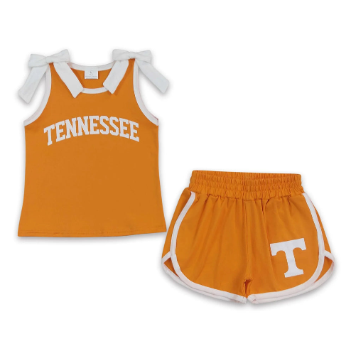 RTS NO MOQ Sibling Vinyl Baby Girls Team Graphic Top With White Bow Matching Shorts Team Clothes Set