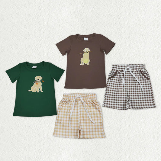 2.2 RTS Sibling Baby Boys Embroidery Dog Ducks Top Checked Pockets Short Hunting Clothes Sets