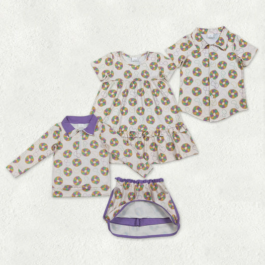 11.24 RTS Sibling Baby Boys Girls Mardigras Donuts Knee Length Dress Button Shirt Top Skorts Clothes Set