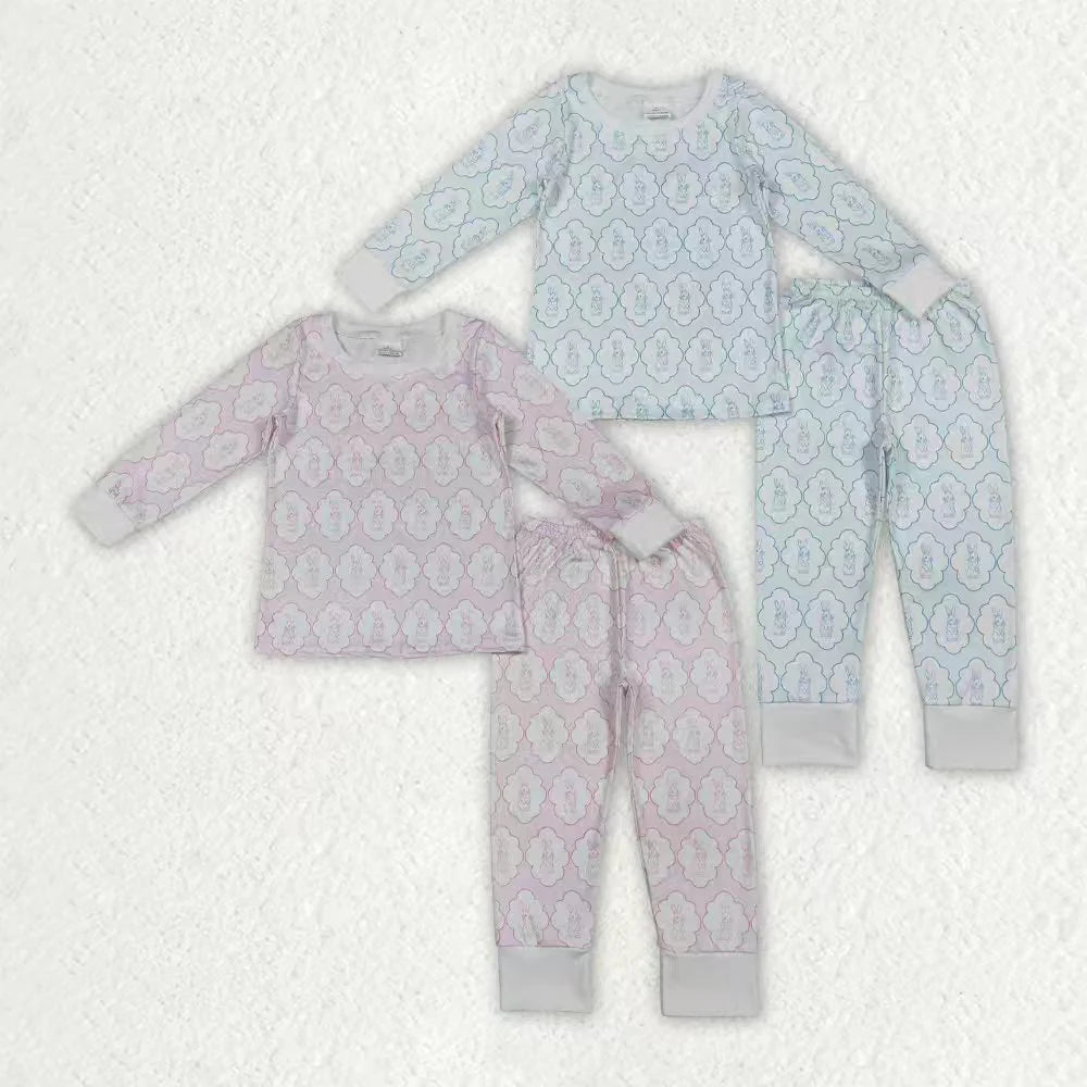 12.3 RTS Sibling Baby Boys Girls Rabbits Checked Top Pants Easter Pajamas Sets