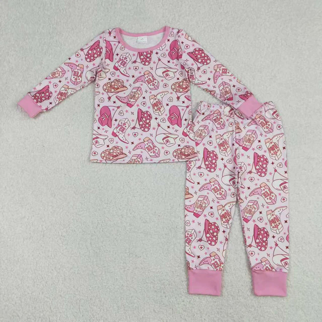 12.26 RTS Sibling Baby Girls Pink Hats Boots Top Pants Western Pajamas Set Zipper Rompers