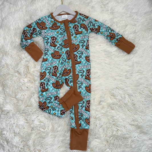 11.15 RST LR2517 Baby Boys Howdy Hats Boots Western Checked Zipper Footie Rompers