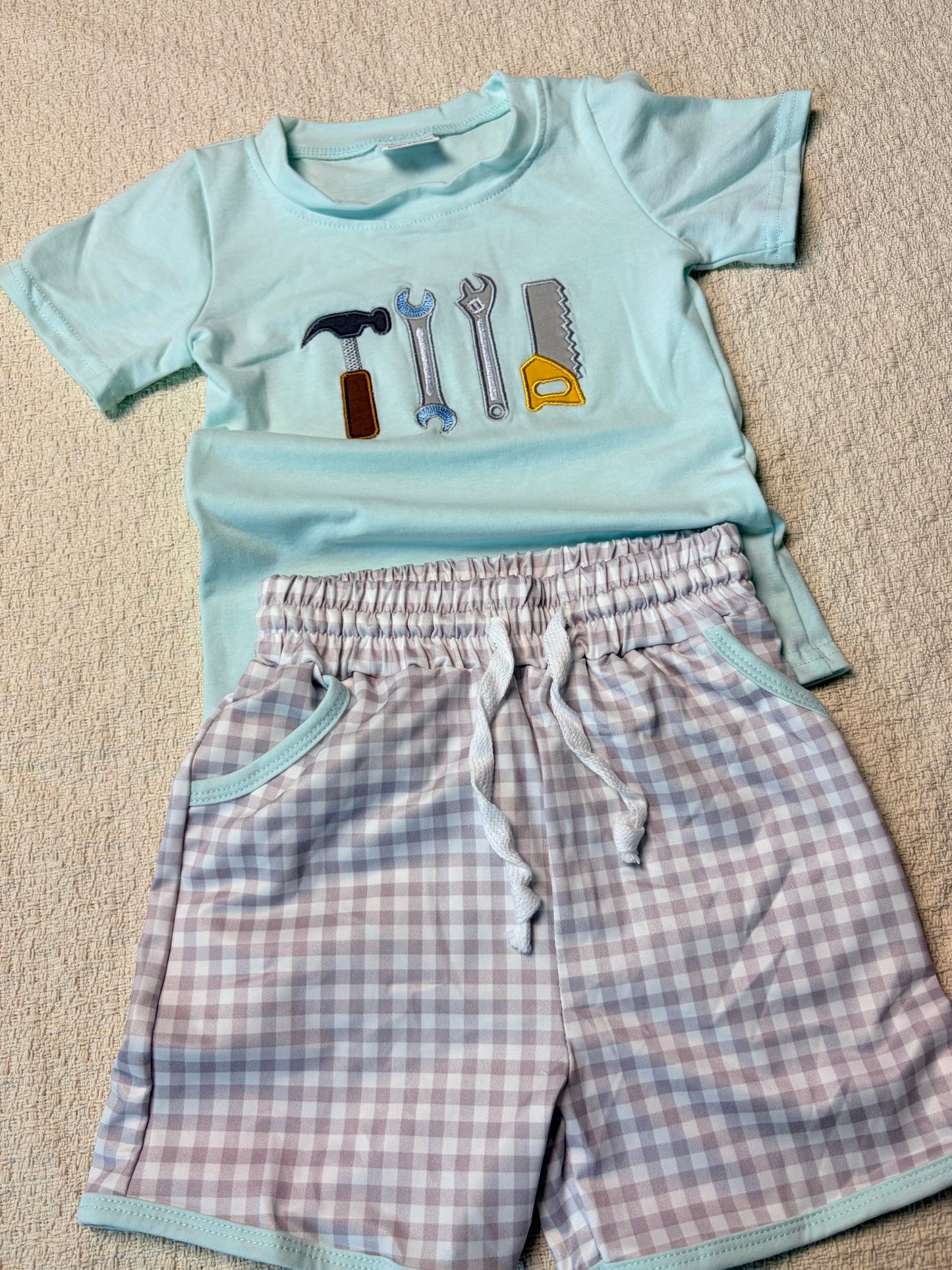 0430 RTS Sibling Short sleeves tools embroidery kids boys summer outfits and romper