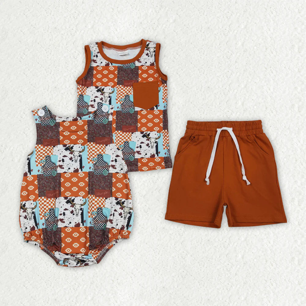 1.21 RTS Sibling Baby Boys Sleeveless Aztec Bull Skulls Checked Pockets Shorts Western Set Rompers