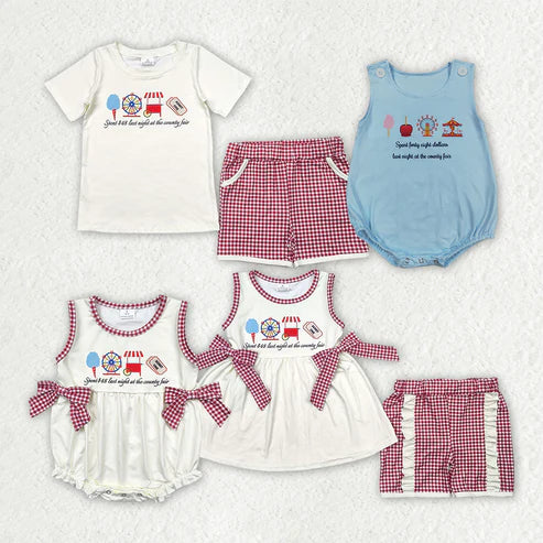 9.19 RTS Sibling Sibling Baby Kids Ice Cream Store Top Red Plaid Pockets Shorts Sets Rompers