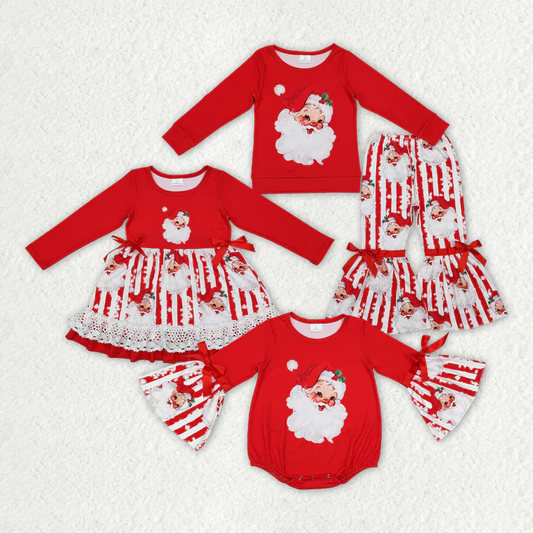 Baby Girls Santa Claus Print Red Stitching Red and White Striped Long Sleeve Dress & Romper & Long Sleeve Pants Set