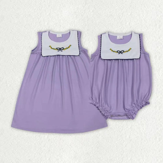 1.5 RTS Sibling Baby Girls Mardigras Lavender Embroidery Bows Knee Length Dress Ruffle Rompers