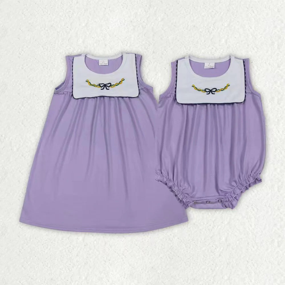 11.7 RTS Sibling Baby Girls Mardigras Lavender Embroidery Bows Knee Length Dress Ruffle Rompers