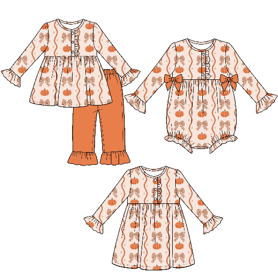 Pre order No Moq milk silk Baby Girls Pumpkins Bows Stripe Fall Button Top Ruffle Pants Set Dresses Romper