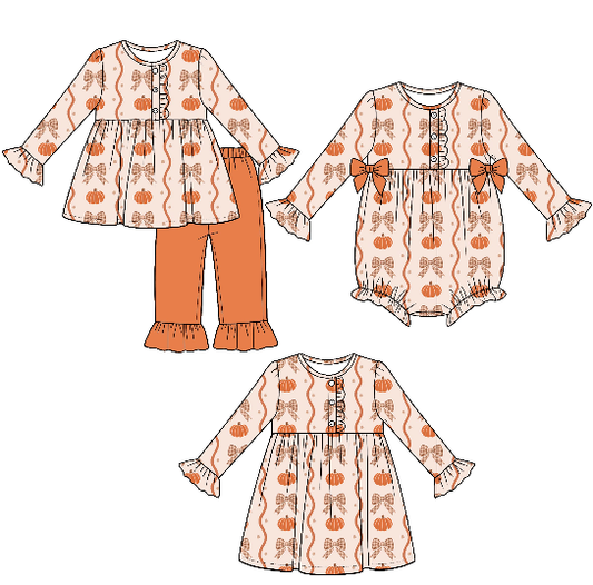 Pre order No Moq milk silk Baby Girls Pumpkins Bows Stripe Fall Button Top Ruffle Pants Set Dresses Romper