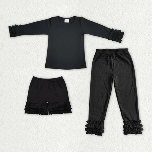 Black solid color three-layer lace long-sleeved top & shorts & trousers