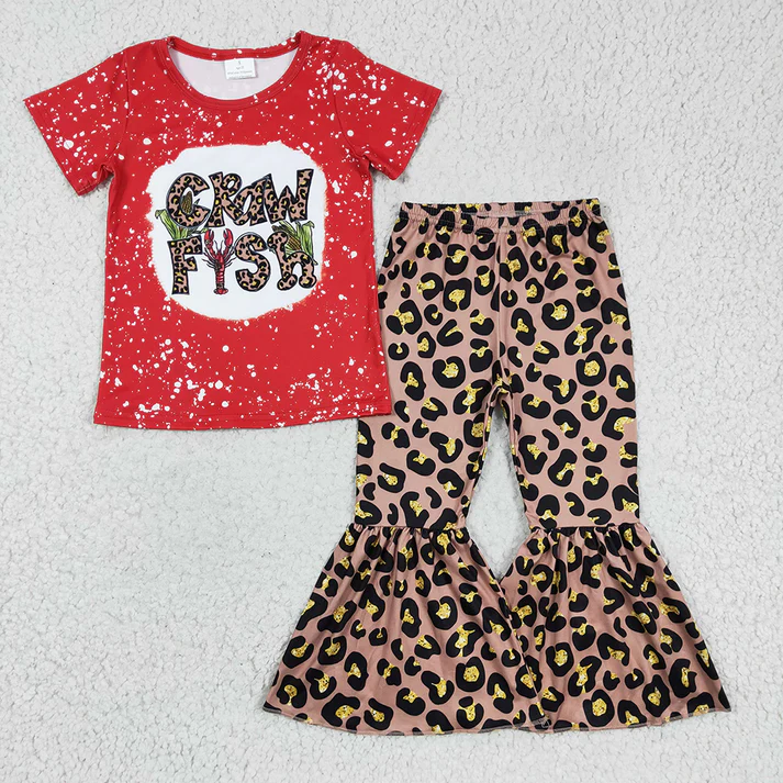 Baby Girls Brown Leopard Print Flying Sleeve Lace Romper Short Sleeve Long Pants Set