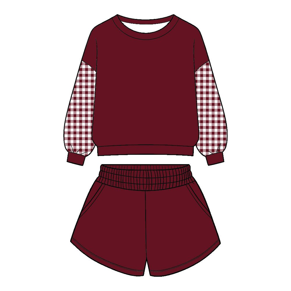 (Preorder new) No moq cotton fabric  Baby Girls And Adult Solid Color Long Sleeve Top Shorts Outfit Set