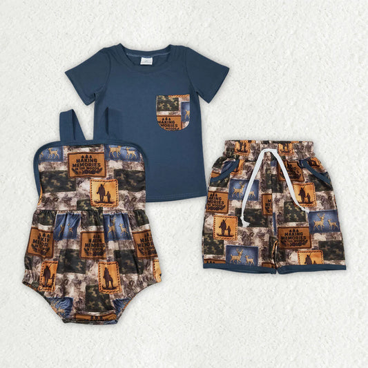 3.26 RTS Sibling Baby Boys Deer Camo Checked Top Pockets Short Hunting Clothes Set Rompers