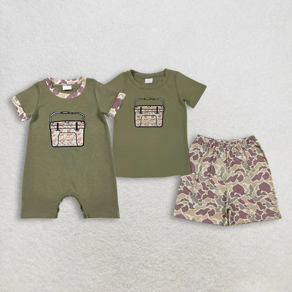 1.12 RTS Sibling Baby Boys Embroidery Southern Khaki Camo Boxes Short Hunting Clothes Set Rompers