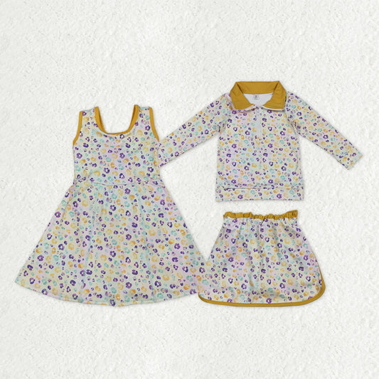 12.22 RTS Sibling Baby Girls Mardigras Leopard Yoga Active Shorts Knee Length Dress Skorts Clothes Sets