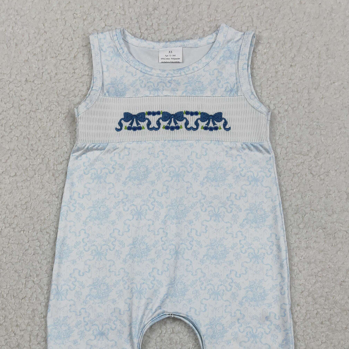 2.4 RTS NO MOQ （In stock）SR3843 Embroidery Bows Baby Girls Sleeveless Blue Flowers Ruffle Rompers