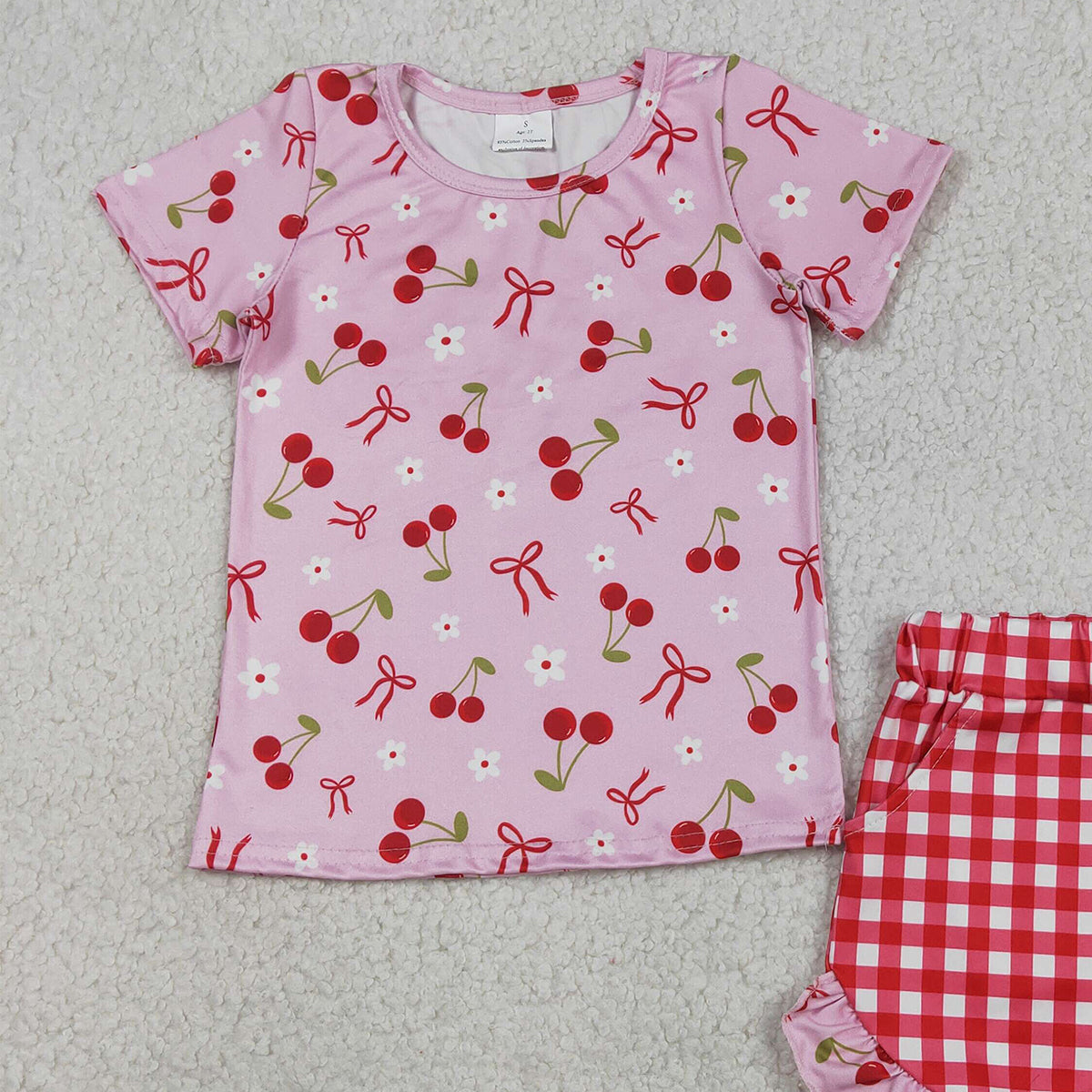 3.27 GSSO3470 RTS NO MOQ （In stock ）Short sleeves cherry bow top plaid shorts girls outfits