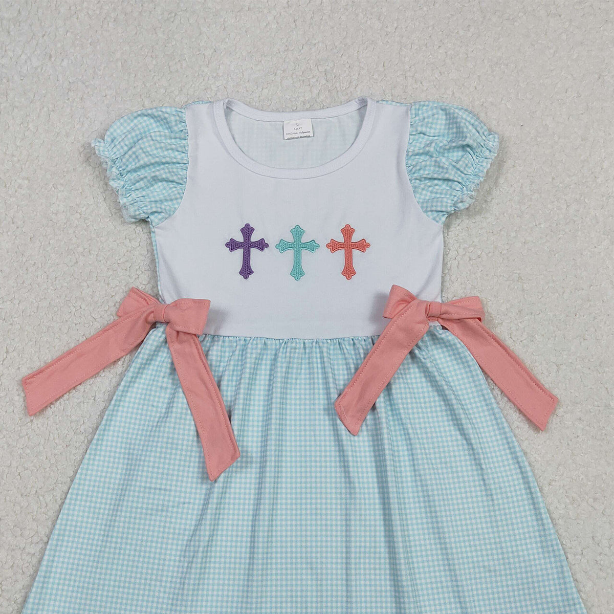 11.3 RTS NO MOQ （In stock）GSD2807 Embroidery Crosses Baby Girls Bows Easter Knee Length Dresses