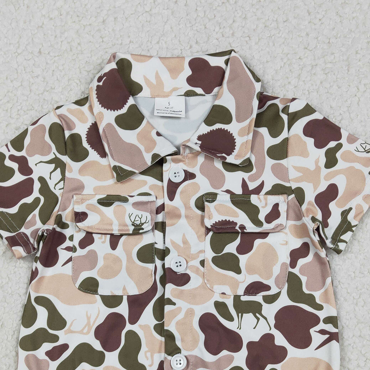 12.24 RTS NO MOQ （In stock）SR3657 Baby Boys Rompers Baby Boys Dogs Ducks Deer Camo Button Pockets Hunting Romper