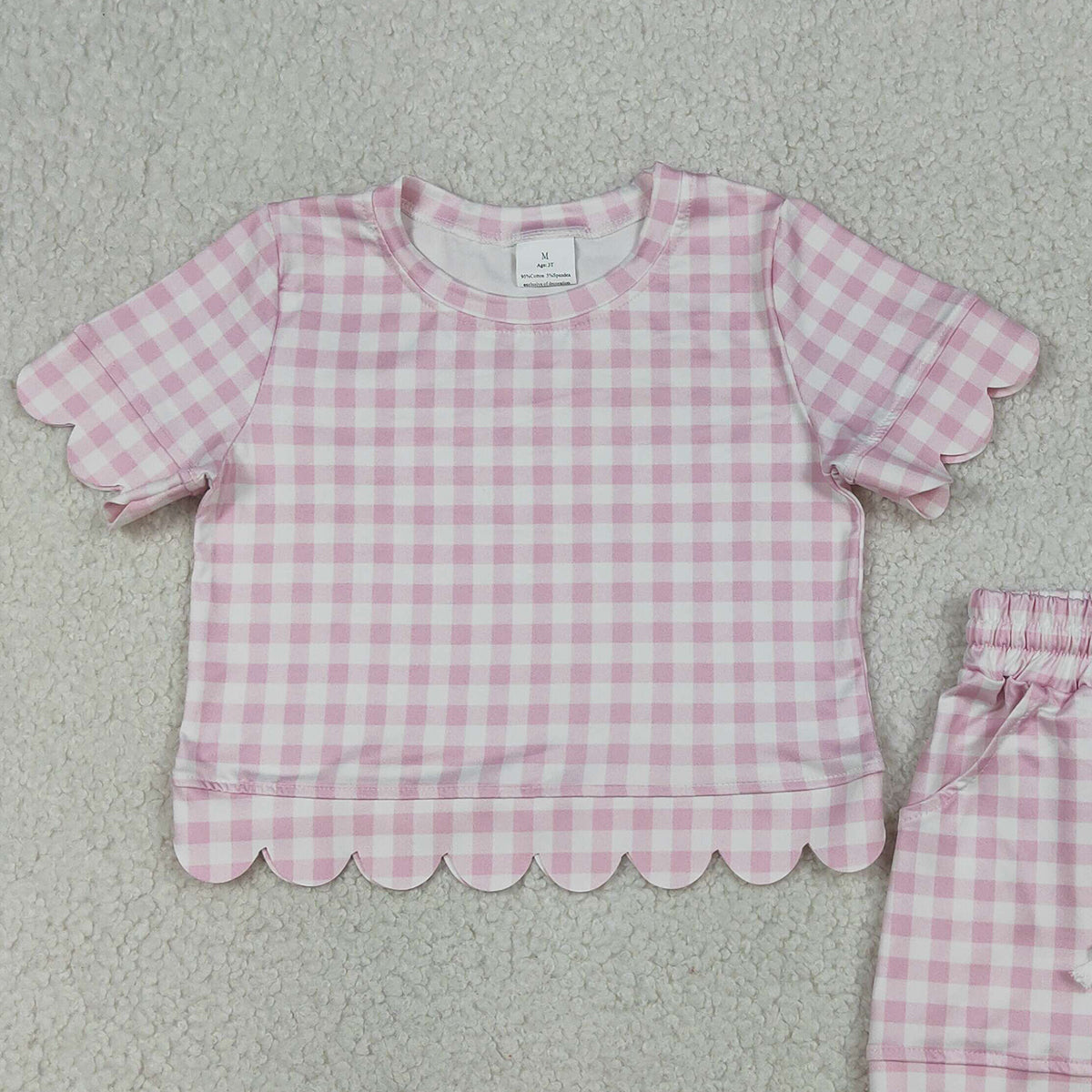 3.31 RTS NO MOQ （In stock） GSSO3183 Pink plaid scallop top shorts girls summer outfit