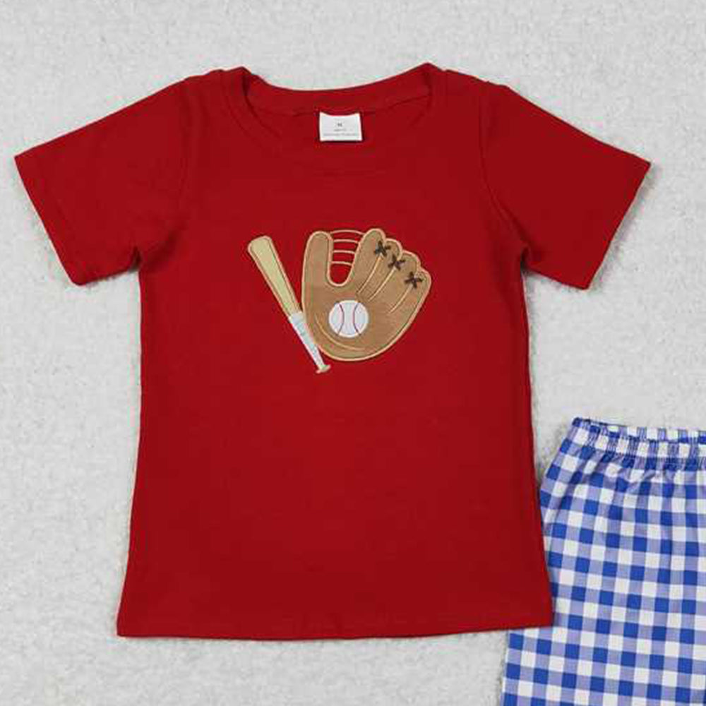 5.16 BSSO0353 RTS NO MOQ Red baseball top blue plaid shorts kids boys clothes
