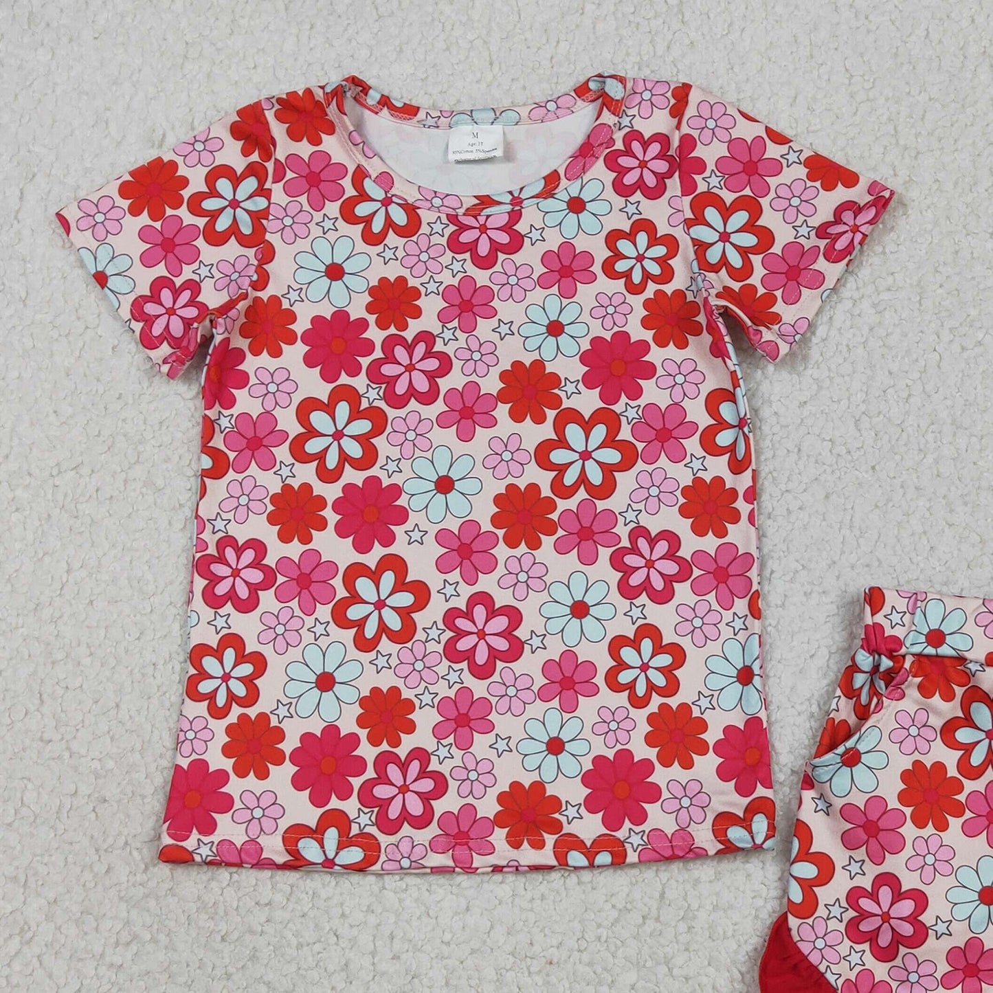 GSSO3471 RTS NO MOQ （In stock ）Short sleeves floral top red ruffle shorts girls outfits
