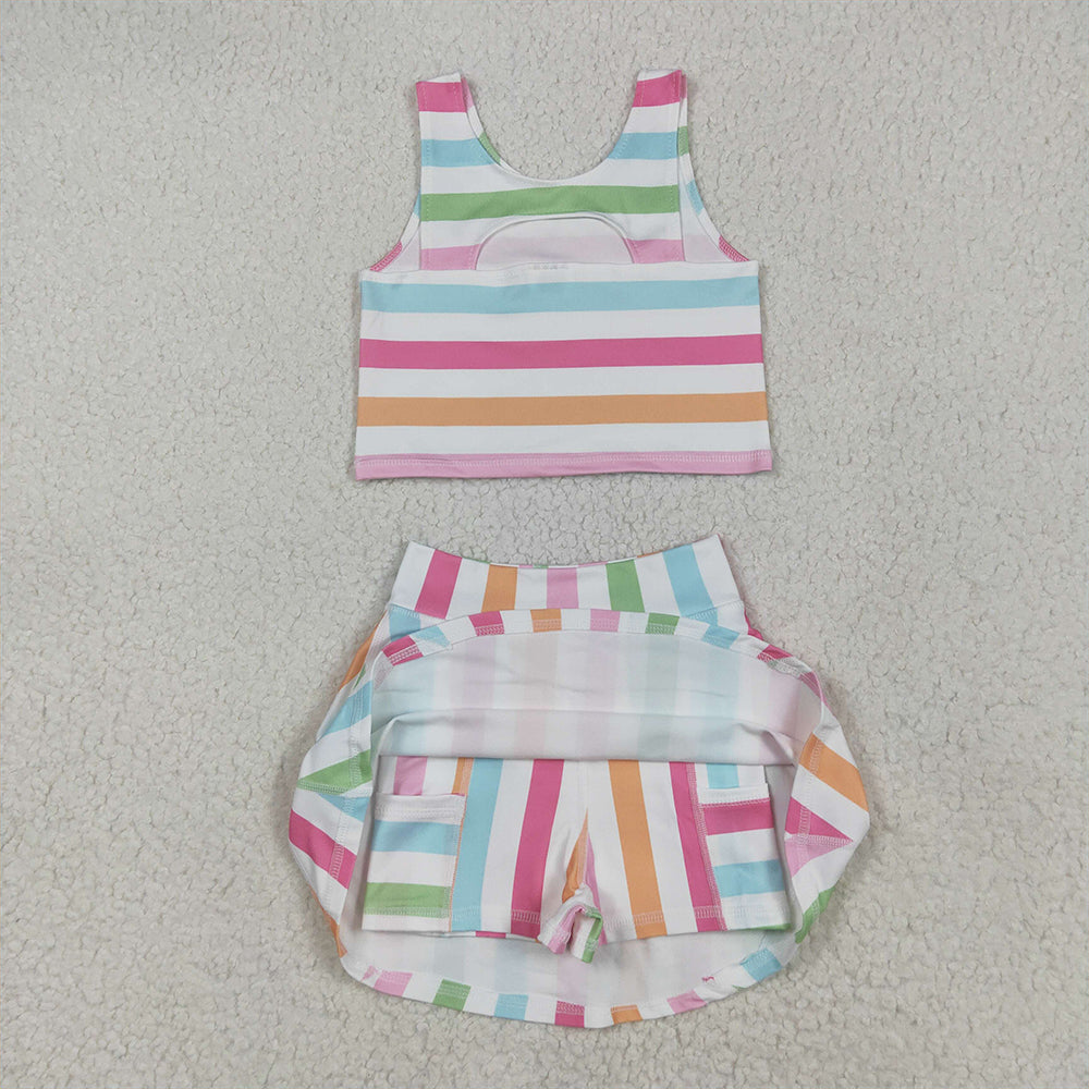 5.20   GSD2348RTS NO MOQ Baby Girls Yoga Outfits Sleeveless colorful stripe top skirt kids girls active wear