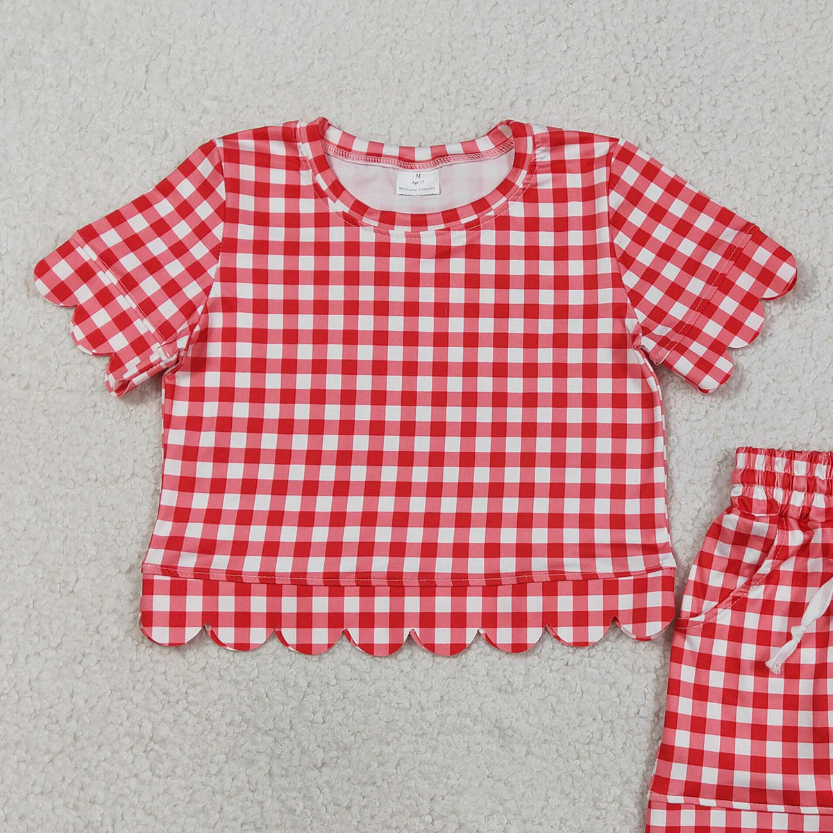 3.16 RTS NO MOQ （In stock）GSSO3187 Fashion Clothing For Baby Girls Red Checked Shirts Top Pockets Short Scallop Clothes Set