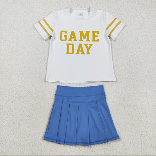 RTS NO MOQ （In stock）GT1101+GLK0084 Baby Girls Summer Outfits Baby Girls Vinyl Yellow Game Day Yoga Active Team Tee Shirts Top Baby Girls Hot Blue Yoga Active Wear Skirts Sets