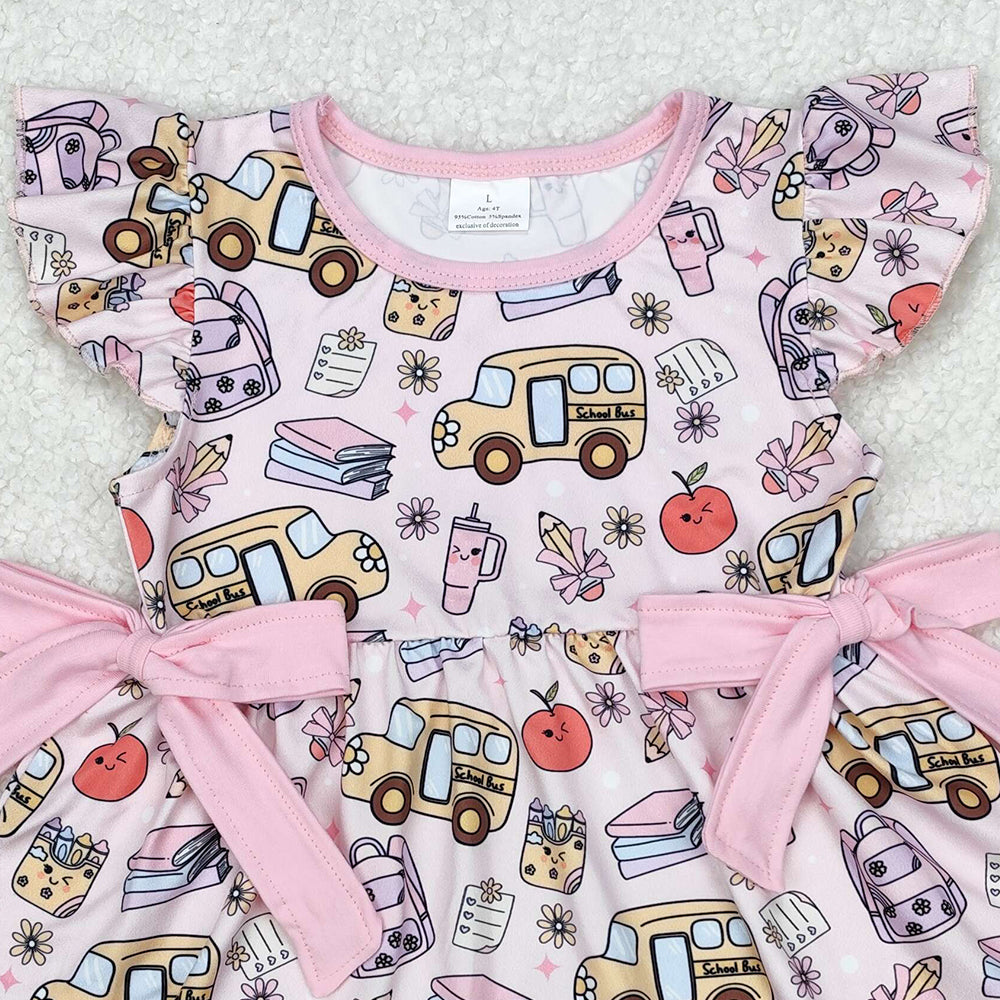 GSD1819Girls Back to School Dress with Flutter Sleeves Apple Pencil Book Print Cute Casual Fashion for Women