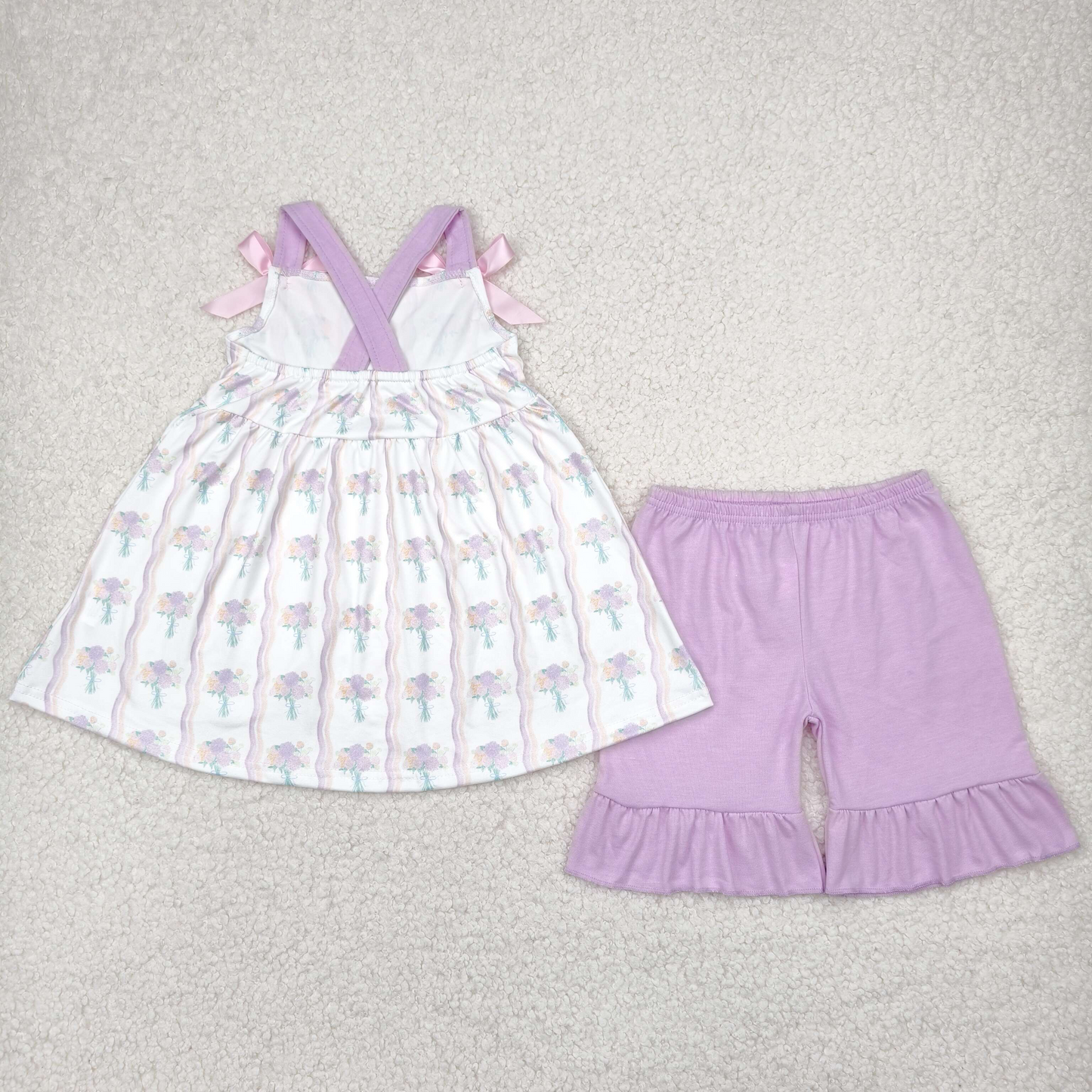 6.13 GSSO2430 RTS NO MOQ   Baby Girls Summer Outfits Baby Girls Hot Pink Strap Floral Stripe Tunic Ruffle Short Set