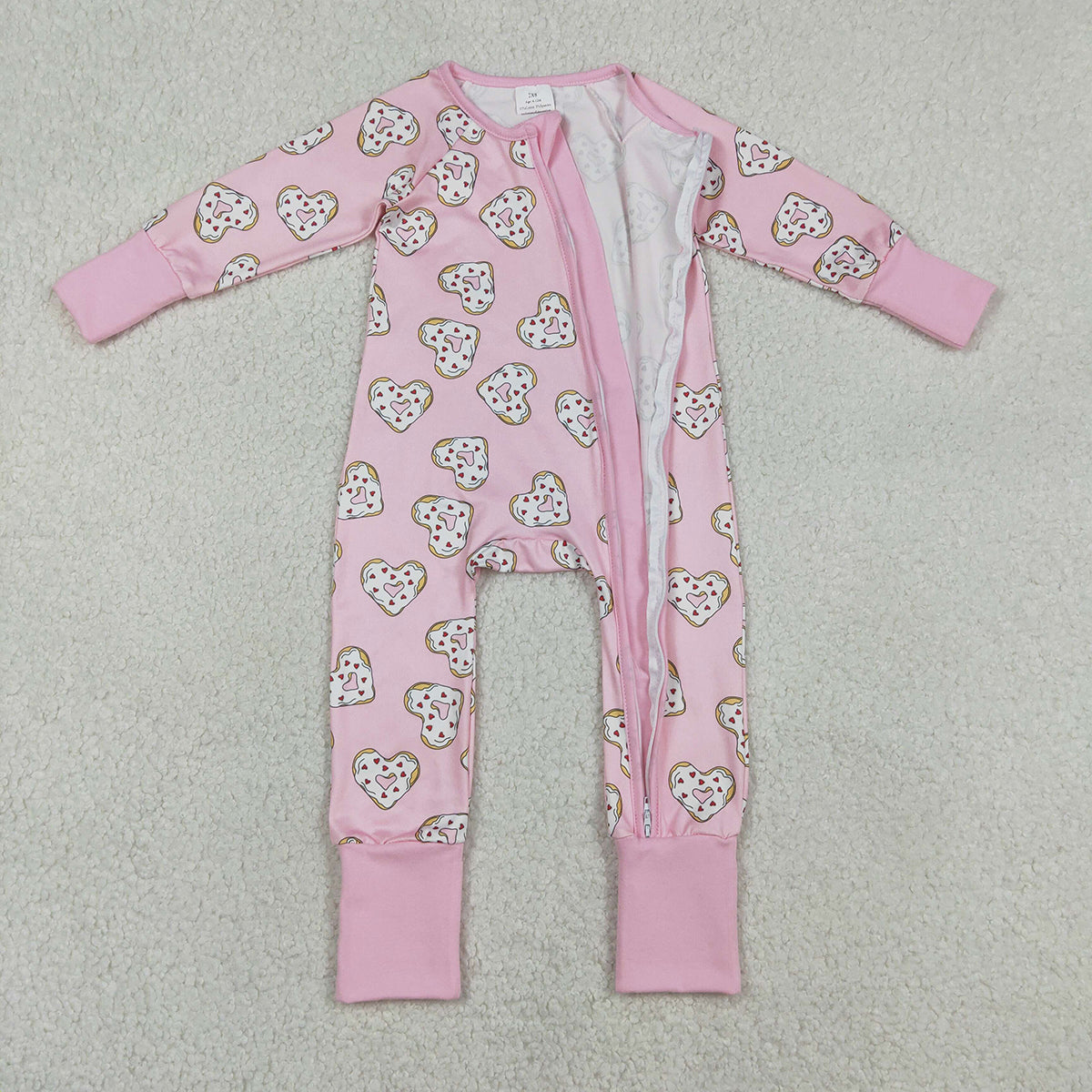 12.30 RTS NO MOQ （In stock）LR2960 Baby Girls Winter Rompers Baby Girls Donuts Hearts Valentines Two Way Zip Convertible Rompers