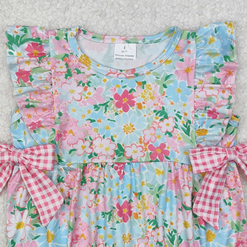 SR2719Baby Girls Ruffle Floral Pink Plaid Bow Summer Romper Cute Infant Outfit with Bow Detailing for Little Girls