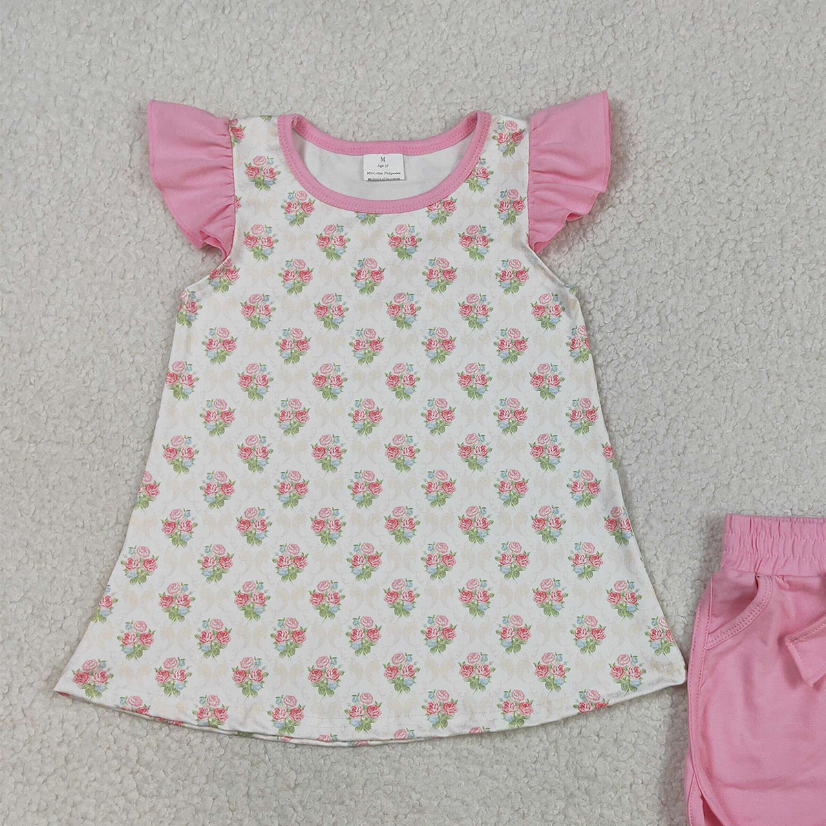 3.12 RTS NO MOQ （In stock）GSSO2953 Kids Clothing for Girls Baby Girls Pink Flowers Checked Tunic Pockets Short Clothes Sets