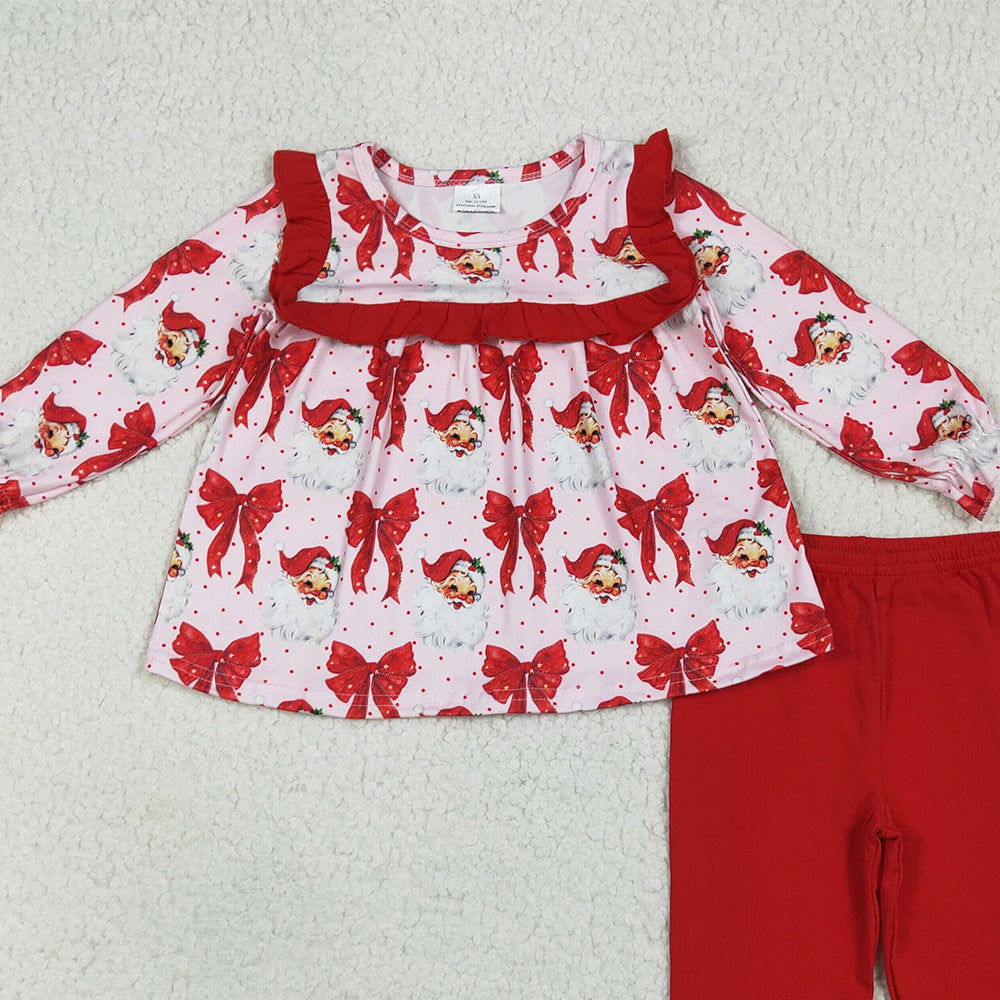 GLP2347 RTS NO MOQ Baby Girls Winter Outfits Baby Girls Long Sleeves Red Santa Bows Tunic Ruffle Pant Sets