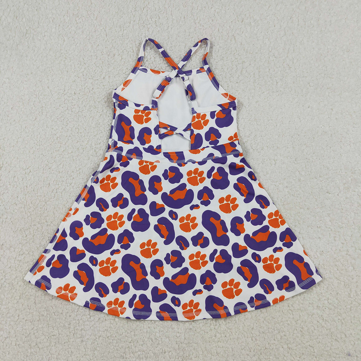 3.26 RTS NO MOQ （In stock）GSD3687 Kids Fashion Clothes Baby Girls Strap Leopard Pawls Team Yoga Active Shorts Knee Length Dress