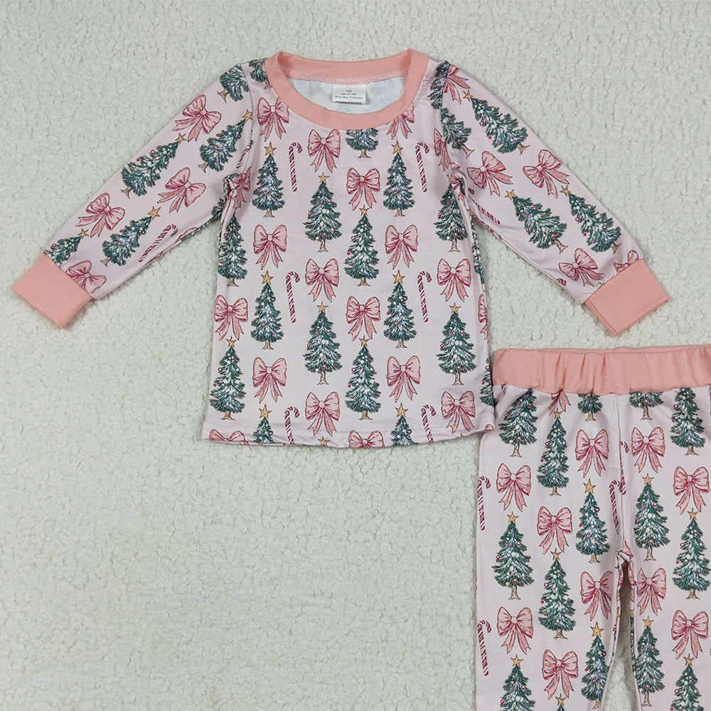 8.14 GLP2423RTS NO MOQ Baby Girls Winter Outfits Baby Girls Pink Long Sleeves Bows Trees Top Pant Pajamas Set